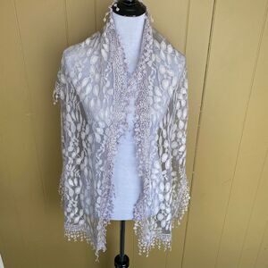 Pretty Persuasions semi sheer lace trim shawl/scarf silver new with tags 71”x14”